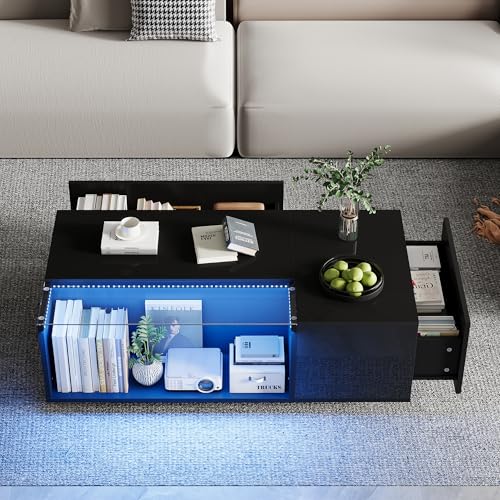 Wiuzo 100x50x35cm Couchtisch mit LED, Wohnzimmertisch aus gehärtetem Glas, Sofatisch mit viel Stauraum und 2 Schubladen, Hochglanz Kaffeetisch, Beistelltisch, Schwarz von Wiuzo