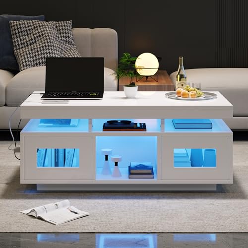 Wiuzo 100×50×43cm Hochglanz-Couchtisch, mit per mobiler App steuerbaren LED-Leuchten, Wohnzimmertisch mit Schrank, Sofatisch mit Ladeanschluss und Steckdose (weiß) von Wiuzo