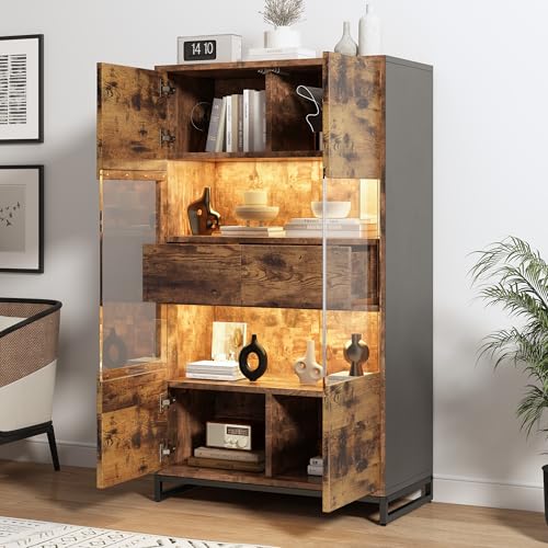 Wiuzo 80x40x138cm Vitrine mit LED-Beleuchtung Standvitrine,Vitrinenschränke mit 2 Schubladen, Stauraumvitrine mit Acrylblende, highboard, Weinschränke,Schwarz + Holzmaserung von Wiuzo