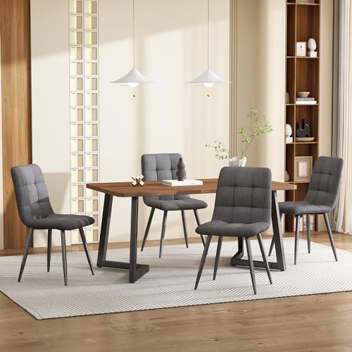 Wiuzo Essgruppe (5-TLG),Esstisch mit 4 Stühlen Set, Moderner Küchentisch Set, Holzmaserung Küchentisch mit Schwarz Metallbeinen, MDF Tischplatte in Walnussfarbe,Dunkelgraue Leinen Esszimmerstühle von Wiuzo