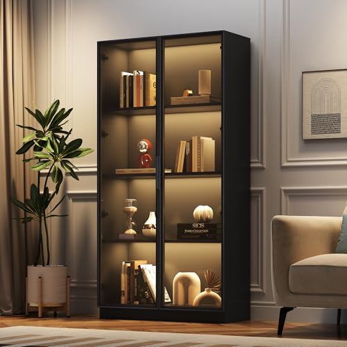 Wiuzo Glasvitrine mit APP LED-Beleuchtung, doppeltürige Vitrine mit beweglichen Einlegeböden, 80x40x160cm,Hochschrank für Wohnzimmer, Standvitrine,Badezimmerschrank von Wiuzo