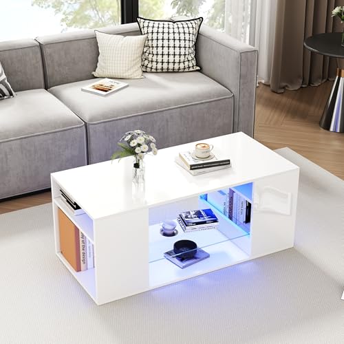 Wiuzo Hochglanz Couchtisch mit Glas, LED Couchtische, Weiß Kaffeetisch,Mehrere Lagerplätze,96x45x45 cm Wiuzo Hochglanz Couchtisch mit Glas, LED Couchtische, Weiß Kaffeetisch,Mehrere Lagerplätze,96x45x45 cm von Wiuzo