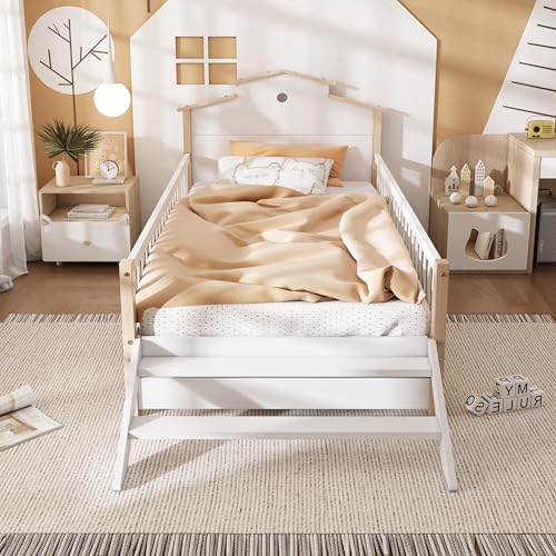 Wiuzo Kinderbett, Mit Fallschutz und Gitter, Mit Seitenleiter, Flachbetten, Holzbetten, Rahmen aus Kiefer, Heranwachsende und Erwachsene,Kiefer+MDF, Weiß+Natur, 90x200cm Wiuzo Kinderbett, Mit Fallschutz und Gitter, Mit Seitenleiter, Flachbetten, Holzbetten, Rahmen aus Kiefer, Heranwachsende und Erwachsene,Kiefer+MDF, Weiß+Natur, 90x200cm von Wiuzo