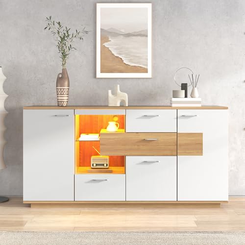 Wiuzo Modernes Sideboard-Schrank mit viel Stauraum, mit LED-Beleuchtung, 160x40x77cm, 2 Türen, 4 Schubladen, Glasablage, Holzoptik, Weiß,Wohnzimmermöbel, Organizer, Kommode Wiuzo Modernes Sideboard-Schrank mit viel Stauraum, mit LED-Beleuchtung, 160x40x77cm, 2 Türen, 4 Schubladen, Glasablage, Holzoptik, Weiß,Wohnzimmermöbel, Organizer, Kommode von Wiuzo