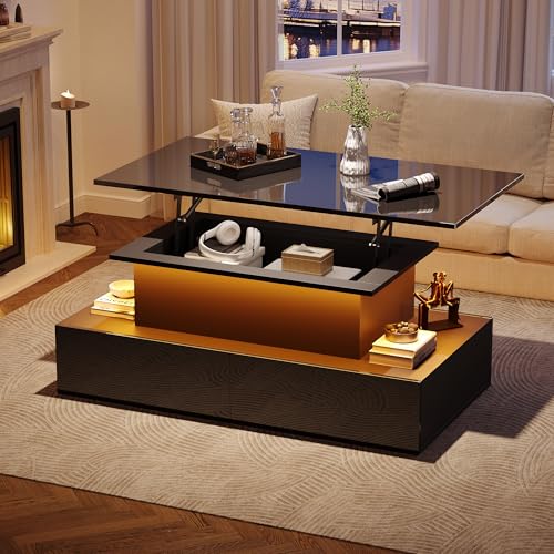 Wiuzo Modernes Weiß/chwarzer Hochglanz-Couchtisch, mit LED-Beleuchtung und 4 Schubladen, Stilvoller 90x55x41 cm Beistelltisch, mit Stauraum, Belastbar bis 30 kg (schwarzer) von Wiuzo