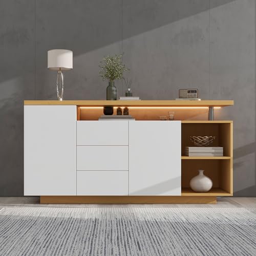 Multifunktionales Sideboard, Länge 140 cm, weiß und Holzimitat - 2 Türen, 3 Schubladen, 2 offene Fächer, mit LED-Beleuchtung 140x40x70 cm von Wiuzo