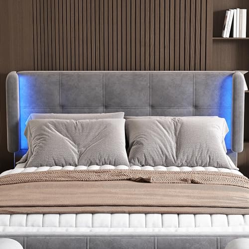 Wiuzo Polsterbett, Doppelbett mit 16-Farbiger LED-Leisten an den Seitenohren, Bettkopf in DREI Höhen verstellbar,Gesteppte Kopf- und Fußteil, Metallkiel, Samt, Grau, 140x200cm von Wiuzo