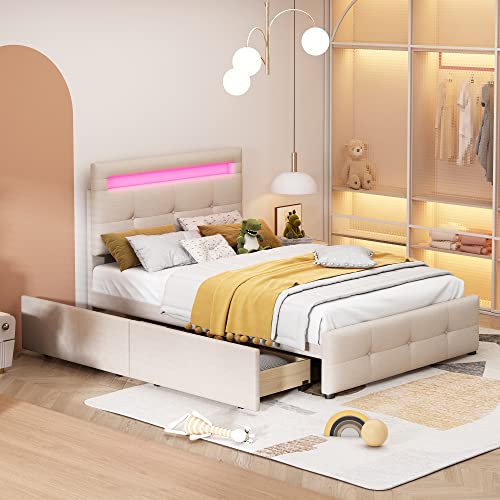 Wiuzo Polsterbett 90 * 200cm mit LED-Leuchten, 2 Schubladen, hautfreundlicher Leinenpolsterung flach Einzelbett Kinderbett Jugendbett Gästebett (Beige) von Wiuzo