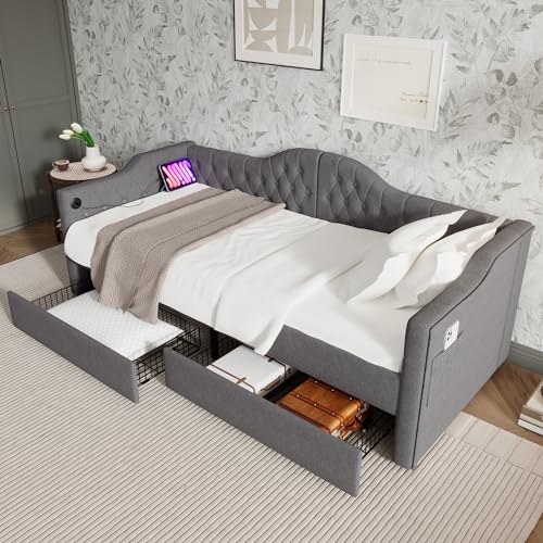 Wiuzo Polsterbett Daybett Schlafsofa Stauraumbetten Bettgestell mit USB Type C Ladefunktion und 2 Schubladen 90x190cm in Grau Linen (Ohne Matratze) von Wiuzo