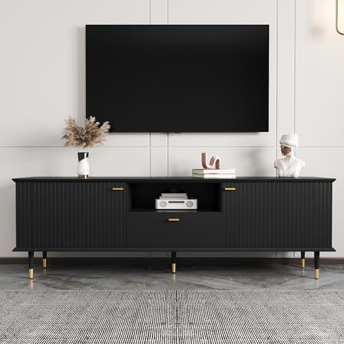 Wiuzo TV-Schrank mit offenen Fächern und Schubladen, lackierte Strukturoberfläche, Soft-Close-Scharniere 170 L x 36 B x 54,5 H(cm) (Schwarz) von Wiuzo
