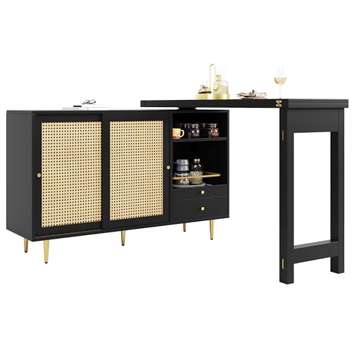 Wiuzo Um 360° drehbarer Stehtisch (Hauptkörper: 107 x 40 x 71,4 cm), schwarzer ausziehbarer Design-Stehtisch, Aufbewahrungsschrank mit Rattantür + offenes Lagerregal, geeignet für Küche und Esszimmer von Wiuzo