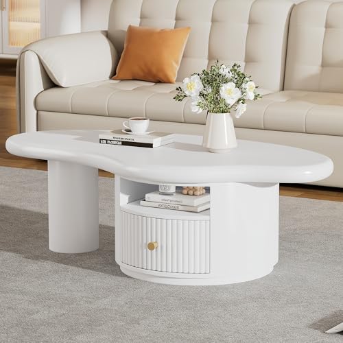 Wiuzo Unregelmäßiger Couchtisch in Wolkenform, MDF-Tischplatte mit 1 Schubladen, inkl. Filzunterlagen,Kreativer Couchtisch,110cm Länge, 60cm Breite, 37.5cm Höhe von Wiuzo
