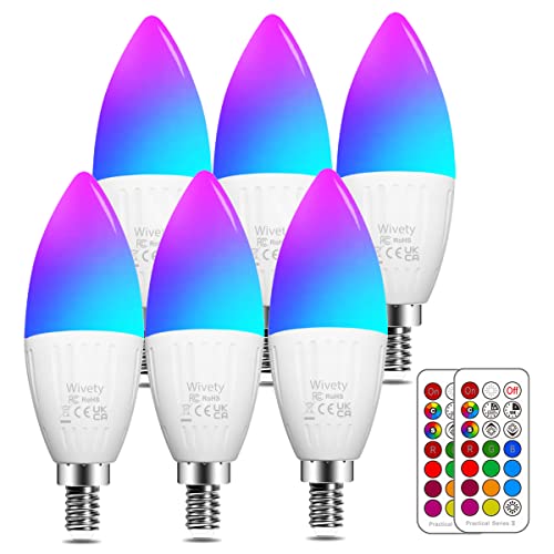 E14 Led Lampe 5W (ersetzt 40W), RGB Kerze Glühbirnenm, Warmweiß 2700K Ambiente RGB Farbwechsel Farbige mit Fernbedienung (6er-Pack) von Wivety