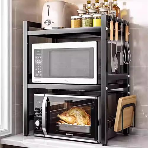 Wivico 3-Tier Mikrowellen Regal-Schwerlastfähig 50kg,40-64cm Erweiterbares Ausziehbares Küchenregal für Arbeitsplatte & Backofen mit 6 Haken,Gewürzorganizer Schwarz von Wivico