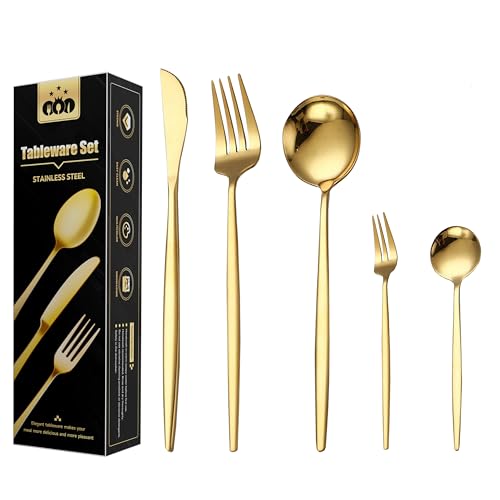 Wivico 30-Teilig Besteckset Gold,Besteck Set 6 Personen,Geschirrset,Cutlery Set,18/10 Tafelbesteck Essbesteck,Esslöffel,Teelöffel,Messer/Gabel/Löffel/Dessertlöffel/Dessertgabel,SpüLmaschinenfest von Wivico