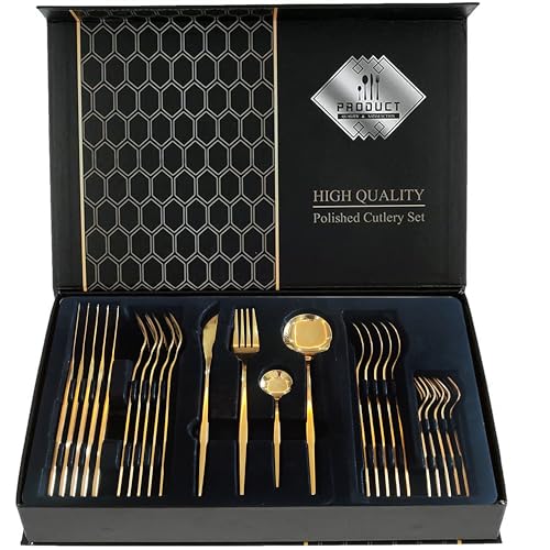 Wivico 30-Teilig Besteckset Gold,Besteck Set 6 Personen,Geschirrset,Cutlery Set,18/10 Tafelbesteck Essbesteck,Esslöffel,Teelöffel,Messer/Gabel/Löffel/Dessertlöffel/Dessertgabel,SpüLmaschinenfest von Wivico