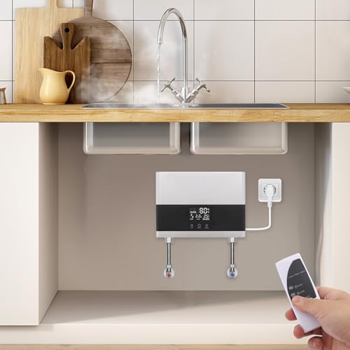 6000W Elektronischer Durchlauferhitzer Elektrischer Warmwasserbereiter Mini Warmwasserbereiter für Küche und Bad mit Fernbedienung LED Display 22x7x18cm 220V Silber von Wiyuer