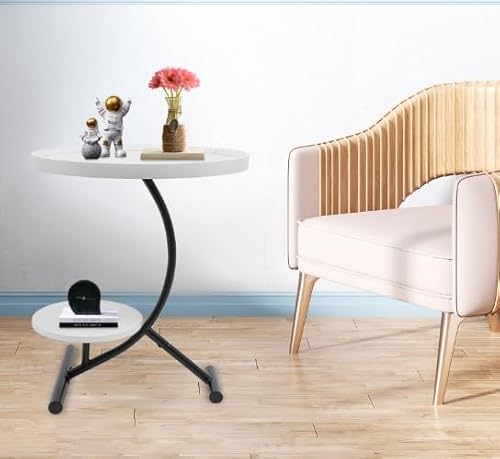 C-Form Beistelltisch Rund Metall Nachttisch 2 Ebenen Couchtisch Sofatisch Snacktisch aus Eisen kleine Tisch Kaffeetisch für Wohnzimmer Schlafzimmer Weiß/Nussbaum (Weiß) von Wiyuer