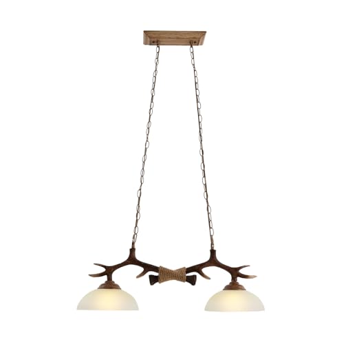 Geweih Kronleuchter 2 light Retro Hängelampe Pendellampe Höhenverstellbarer Pendelleuchte aus Harz mit Glas Lampenschirm E27 Dekor für Esszimmer Wohnzimmer Cafe Bar von Wiyuer