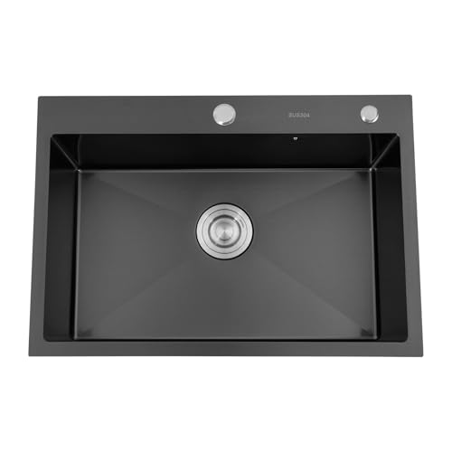 Spülbecken 1 Becken Einbauspüle aus 304 Edelstahl 65 * 45cm Rechtwinklig Küchenspüle mit Nano-Beschichtung Waschbecken mit Überlaufgarnitur für Küche Bad (Schwarz) von Wiyuer