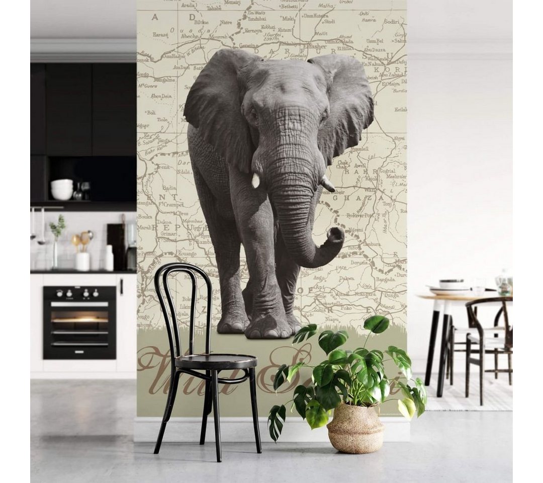 Wizard + Genius Fototapete Große Fototapete Elefant Landkarte Afrika Papiertapete Wild Safari, Wohnzimmer Wandbild modern von Wizard + Genius