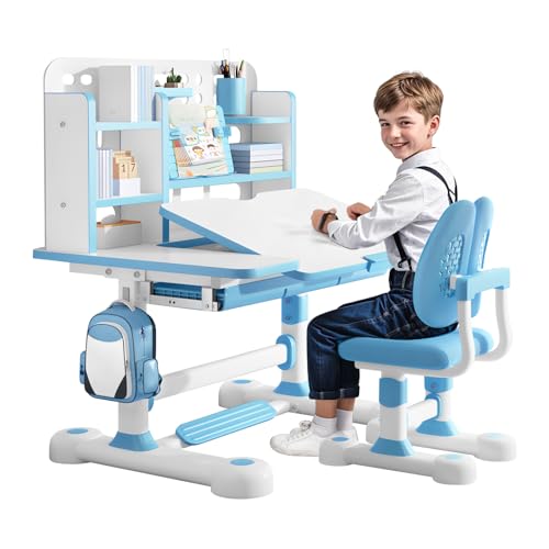 Kinder Schreibtisch Set mit Bücherständer, Höhenverstellbarer Kinderschreibtisch und Stuhl mit Schublade, Ergonomischer 0-50 Grad Kippbarer Schreibtischstuhl mit Fußpedal für Jungs & Mädchen (Blau) von Wizoowip