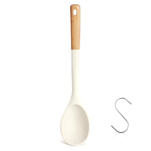 Große Silikon-Kochlöffel, antihaftbeschichtet, massiver Holzgriff, Küchenlöffel, hitzebeständiger Silikon-Gummilöffel zum Kochen, Servieren, Backen, Rührwerkzeug, 33,5 cm, flexibler Schaber (weiß) von Wiztoynia