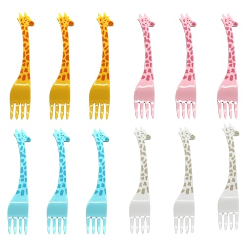 Wjelet 12 Stück Obstgabeln aus Kunststoff,Giraffe Mini Gabeln,Bunt Wiederverwendbar Für Bento Lunchbox Dekoration Snack Party Geburtstagsfeier Nachmittagstee von Wjelet