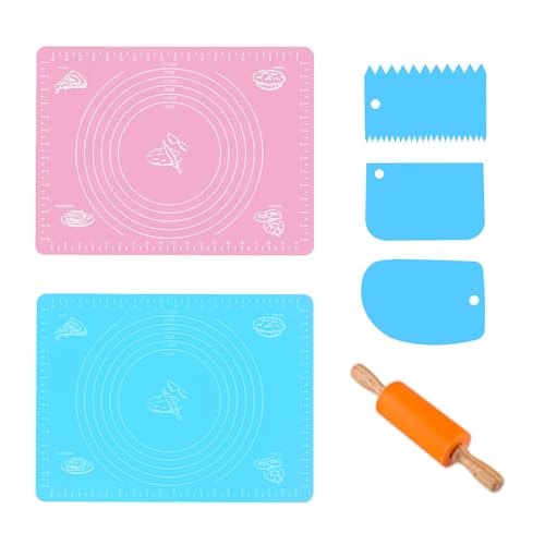 Wjelet 2 Stück Silikon Backmatten, 40 x 30cm Antihafte Rutschfeste Backunterlage mit Messungen, Backunterlage Teigmatte Rollmatte Pizza Teigmatte mit 3 Teigschneider und 1 nudelholz (Blau + Rosa) von Wjelet