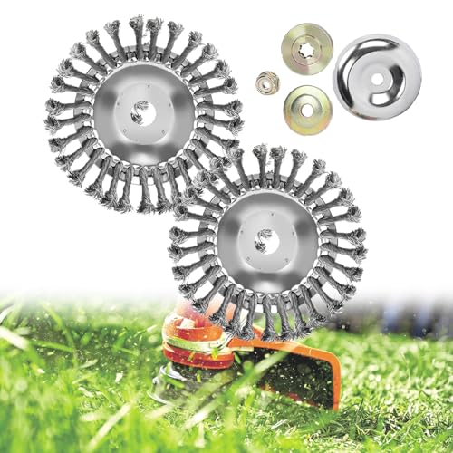 Wjelet 2 Stück Unkrautbürste Freischneider, Profi Edelstahl Unkrautbürste mit Durchmesser 150 mm Bohrung 25 mm, Wildkrautbürste mit 4 Adaptern, Drahtbürste für Unkrauttrimmer Garten Zubehör (6 Zoll) von Wjelet