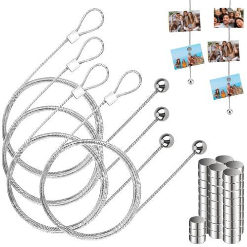 Wjelet 4 Stück Fotodrahtseil mit 48 Magneten, 2 m x 1.5 mm Edelstahl Fotokette Fotodraht, BildaufhäNgung Seil Fotoseil mit Ösen und Haken, Fotoseil Magnetisch Magnetseil zum Aufhängen Foto Postkarten von Wjelet
