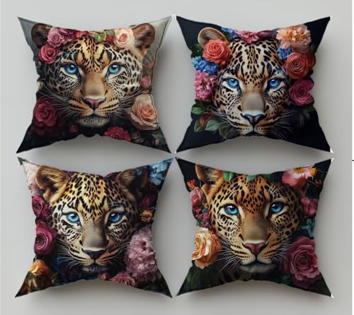 Kissenbezug Blume Kissenbezüge Leopard Kissenhüllen 40x40cm 4er Set Frühlings Dekokissen mit Unsichtbarem Reißverschluss, Doppelseitig Sofakissen Deko Schlafzimmer, Geschenke für Frauen,Model270 von Wjffnzbz