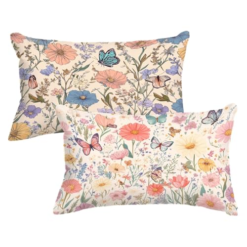 Kissenbezug 30 60 Farbige Blumen, Schmetterling Kopfkissenbezug 30x60 cm mit Unsichtbarer Reißverschluss, Doppelseitig Samt Kissenhülle Sofakissen Schlafzimmer Dekokissen Bett Kissenbezüge,Model634 von Wjxzsccw