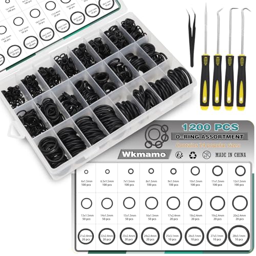 Wkmamo 1200 Stück Nitrilkautschuk Gummi Dichtungen O Ringe 24 Größen Dichtringe Flachdichtung Dichtungssatz Sortiment mit 4 Stk Pick & Hook und 1 Pinzette Set von Wkmamo