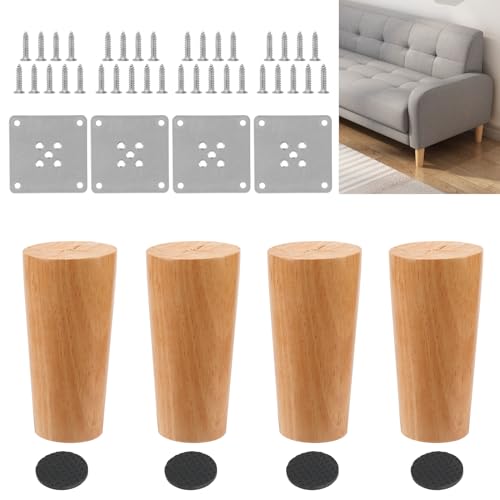 Wkmamo 4 Stück Möbelfüße 10cm Holz Möbelbeine, Massivholz Beine Aus Eiche mit Montageplatten, Schrauben und Filzgleiter,für Sofa Bett Schrank Couch Stuhl (10cm, Gerade) von Wkmamo