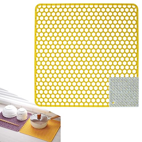 Wkmamo Gelb Große Spülbeckenmatte 34.5 * 34.5cm,Silikon Spülbeckeneinlage, Zusammenklappbar rutschfeste Spülbeckenmatte Spülbeckenmatte mit Reinigungsbürste von Wkmamo