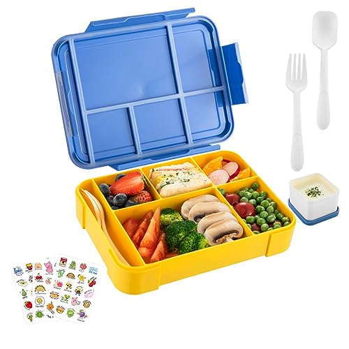 Wlevzzor Kinder Lunchbox mit Fächern - 1330ml Bento Box für Kindergarten, Schule, Picknick - Auslaufsicher mit Besteckset - Spaß beim Essen garantiert! (Blau) von Wlevzzor