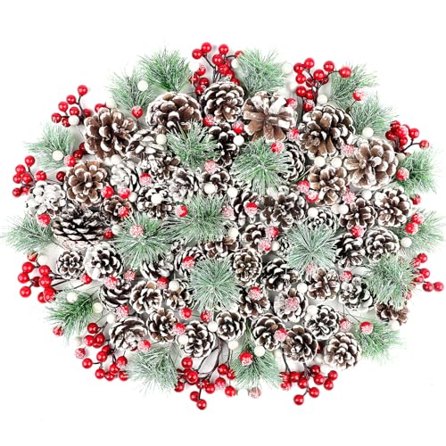 200 Stück Weihnachtstannenzapfen mit roten Beeren, Tannenzweig-Set, natürlicher Schnee, Weihnachtstannenzapfen, Tannenzweig, verschiedene Größen, künstliche rote Beeren als Weihnachtsbaumschmuck von Wlicon
