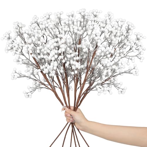 Wlicon Beerenzweige Pack von 6, 73.5 cm künstliche weiße Beere Stämme Weihnachtsbaum Dekor Schnee Frosted Holly Beere Stiel für Blumenarrangements Weihnachtsbaum Holiday Home DIY Handwerk Dekor von Wlicon