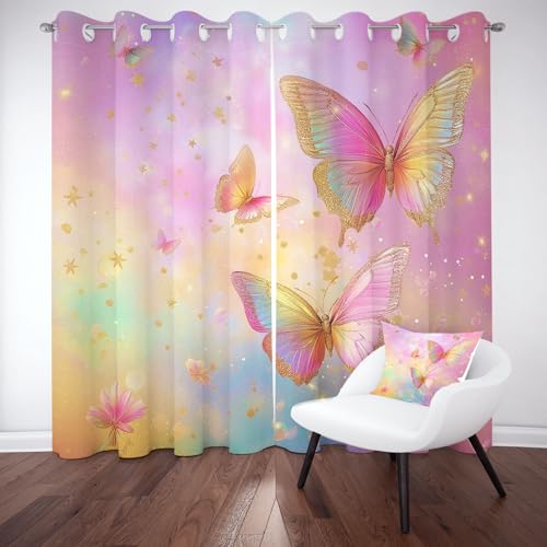 Wlujhia Farbe SchmetterlingThermovorhang Kälteschutz Schlafzimmer Insekt DruckenGardinen Blickdicht 2er Set 137x117 cm Modern ÄsthetikVerdunklungsgardine mit Ösen, Raumteiler Vorhang von Wlujhia