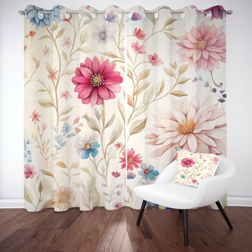 Wlujhia GänseblümchenVerdunkelungsvorhang Farbe BlumenmusterVorhang Blickdicht mit Ösen Pastoralstil BlumenGardinen für Schlafzimmer 2er Set H220xB140 cm, Wohnzimmer Thermovorhang Kälteschutz von Wlujhia