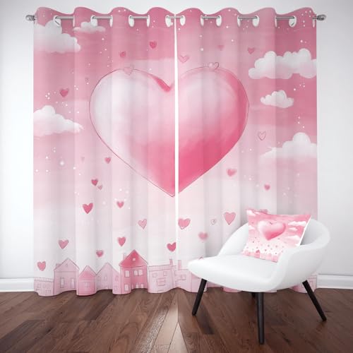 Wlujhia Herzen MusterThermovorhang Kälteschutz Schlafzimmer Märchen StadtGardinen Blickdicht 2er Set 137x117 cm Rosa HerzchenVerdunklungsgardine mit Ösen, Raumteiler Vorhang von Wlujhia