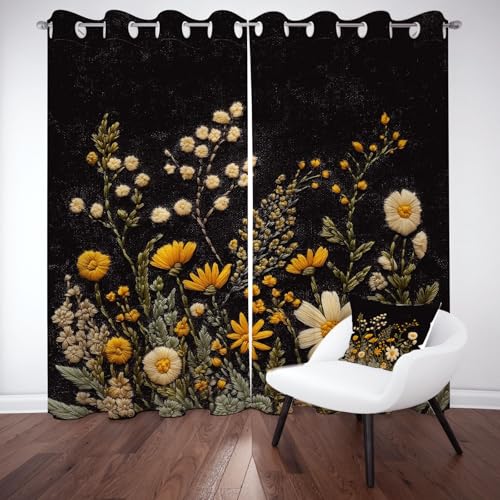 Wlujhia Ländlich BlumenVerdunkelungsvorhang BlumenmusterVorhang Blickdicht mit Ösen FrühlingsblumenGardinen für Schlafzimmer 2er Set H220xB140 cm, Wohnzimmer Thermovorhang Kälteschutz von Wlujhia