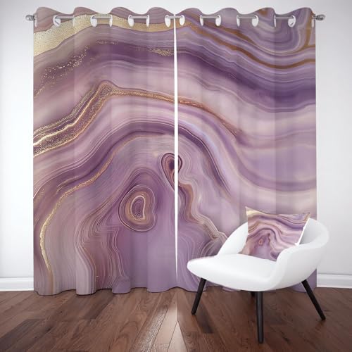 Wlujhia Lila Gold MarmorThermovorhang Kälteschutz Schlafzimmer Abstrakt KunstGardinen Blickdicht 2er Set 137x117 cm Modern ÄsthetikVerdunklungsgardine mit Ösen, Raumteiler Vorhang von Wlujhia