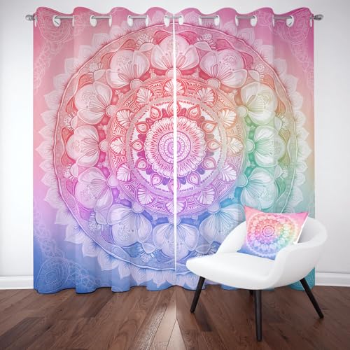 Wlujhia Mandala Blumen Vorhänge Wohnzimmer Regenbogen Blumenmuster Vorhang Thermovorhang Kälteschutz Boho Stil Gardinen mit Ösen für Wohnzimmer Schlafzimmer 2er Set H175xB140 cm von Wlujhia