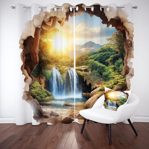 Wlujhia Natürliche Landschaft Vorhänge 2er Set 245x140 cm Felsen Wasserfall Verdunklungsvorhänge mit Ösen Gardinen Jungle Wald Vorhang Blickdicht Thermovorhang Kälteschutz Wohnzimmer Schlafzimmer von Wlujhia
