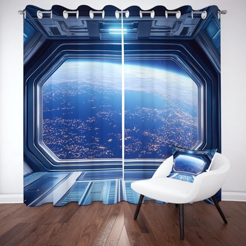 Wlujhia Raumkapsel Szene Vorhänge 2er Set 245x140 cm Weltraum Planet Verdunklungsvorhänge mit Ösen Gardinen Universum Erde Vorhang Blickdicht Thermovorhang Kälteschutz Wohnzimmer Schlafzimmer von Wlujhia