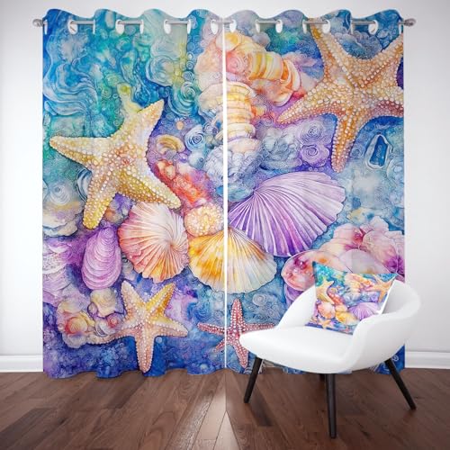 Wlujhia Seestern HülseVorhänge Wohnzimmer MeereslebewesenVorhang Thermovorhang Kälteschutz Marine ThemaGardinen mit Ösen für Wohnzimmer Schlafzimmer 2er Set H175xB140 cm von Wlujhia