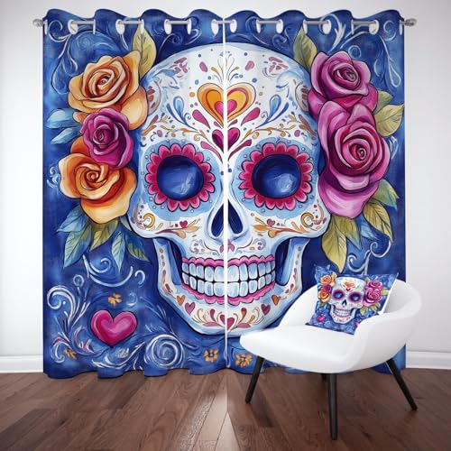 Wlujhia ZuckerschädelThermovorhang Kälteschutz Schlafzimmer Gotisch TotenkopfGardinen Blickdicht 2er Set 137x117 cm Rose BlumenVerdunklungsgardine mit Ösen, Raumteiler Vorhang von Wlujhia