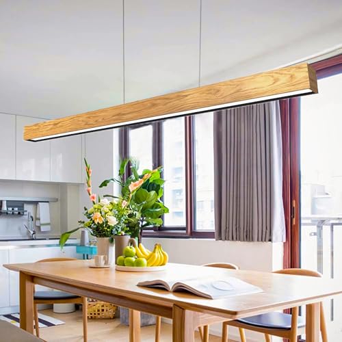 Dimmbarer LED-AnhängerT Licht mit Fernbedienung Höhenverstellbare Moderne Lineare Design für Esszimmer Küche Büro 100cm/39in Holz Hängelampe von Wmmner
